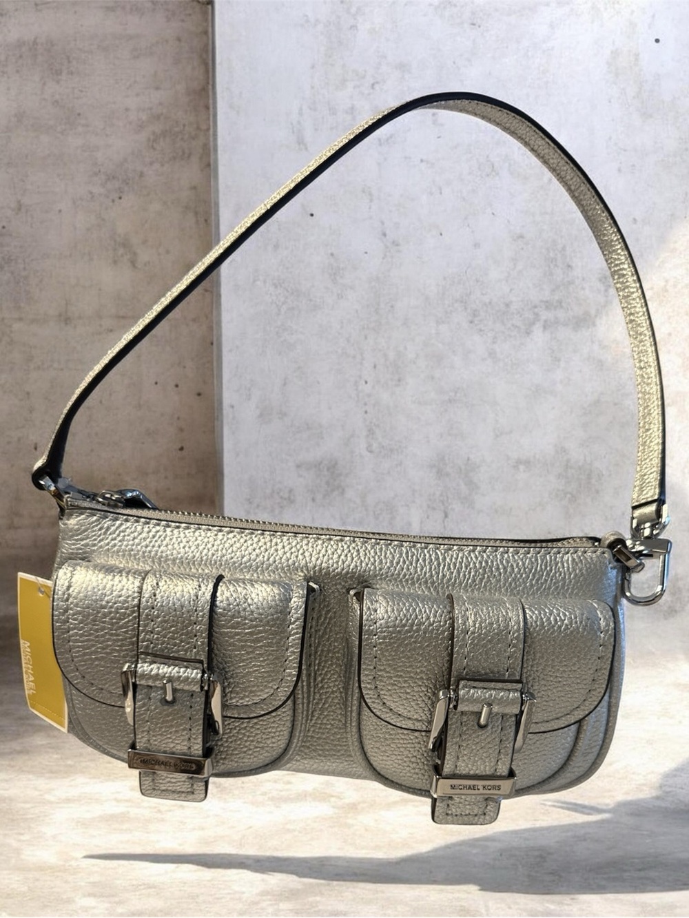 Michael Kors Metallic Silver Shoulder Bag with Dual Buckle Pockets